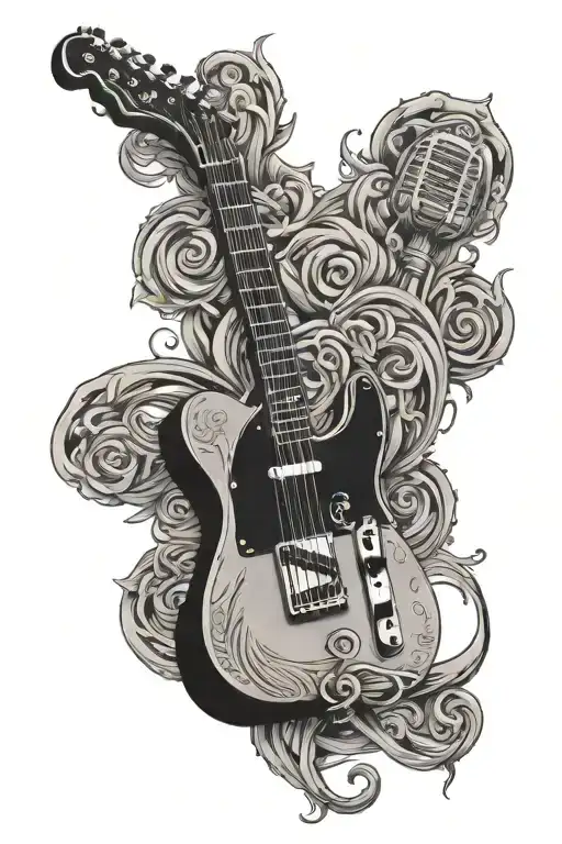 telecaster guitar with 1950's microphone intertwined tattoo design idea