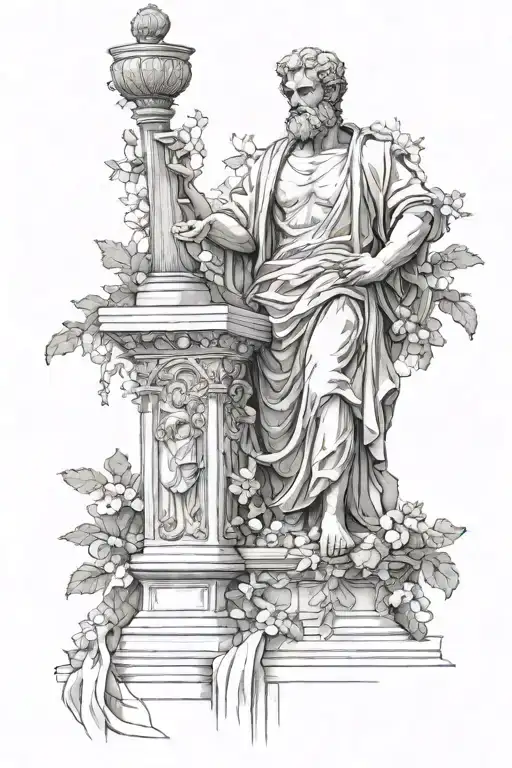 Narrowed Layout:  	1.	Centerpiece: The stoic statue remains the central focus, but we’ll make it more elongated to fit t tattoo design idea