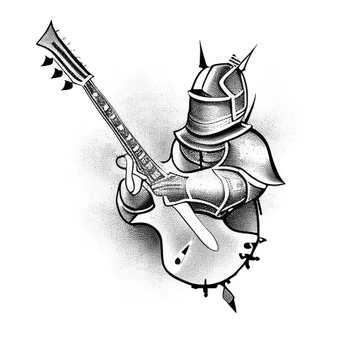A blackwork tattoo of a knight in shining armor playing a bass guitar tattoo design idea