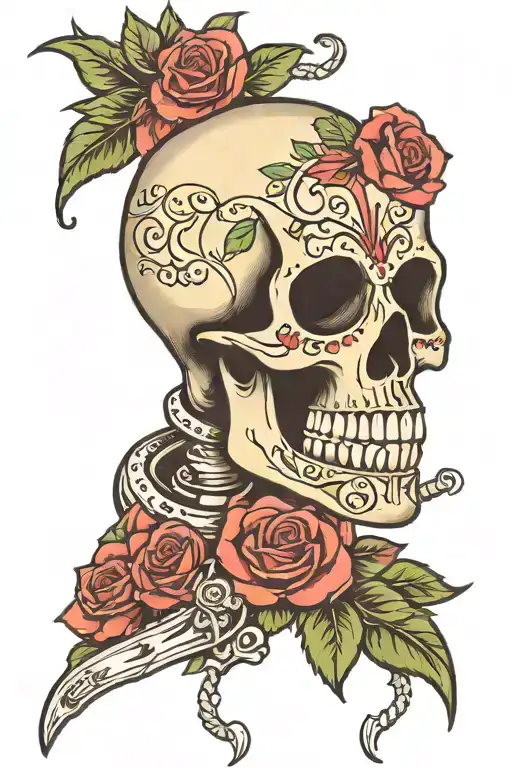 mariachi skull with roses tattoo design idea