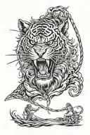 zeus with a harpoon across his face combined with a roaring tiger  tattoo design idea