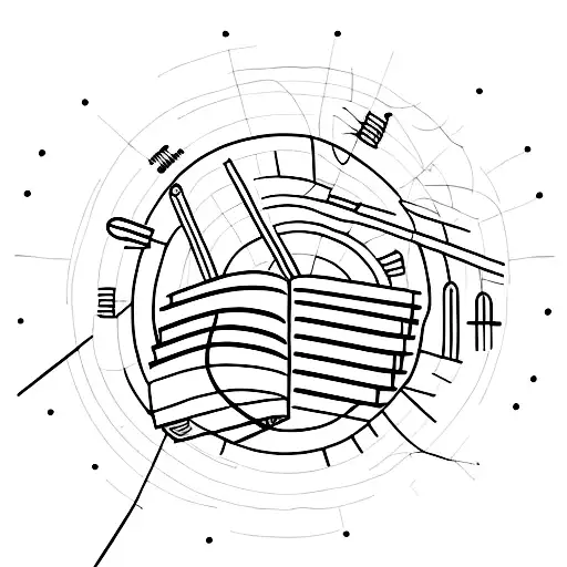 A stack of books surrounded by lines, arrows and circles tattoo design idea