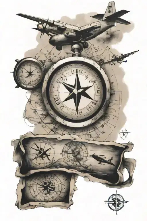 aviation themed tattoo with map and compass and airplane and helicopter  tattoo design idea