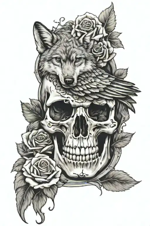 wolf and roses skull manhole wings tattoo design idea