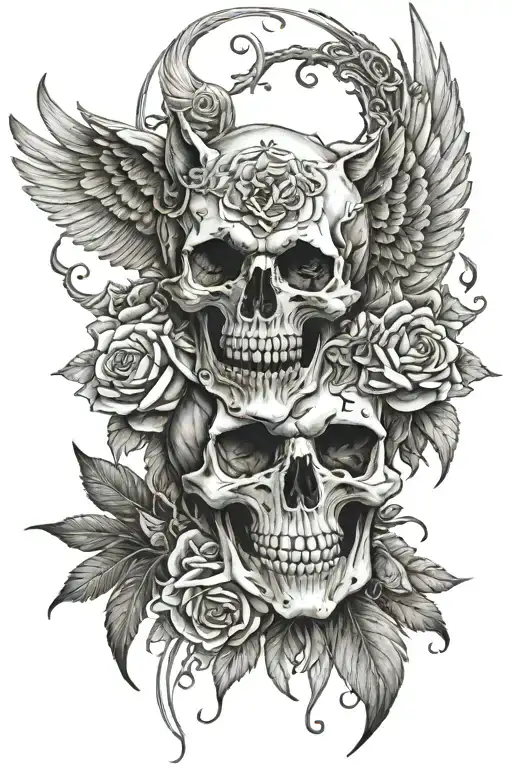 wolf and roses skull laza wings angels and demon wings tattoo design idea