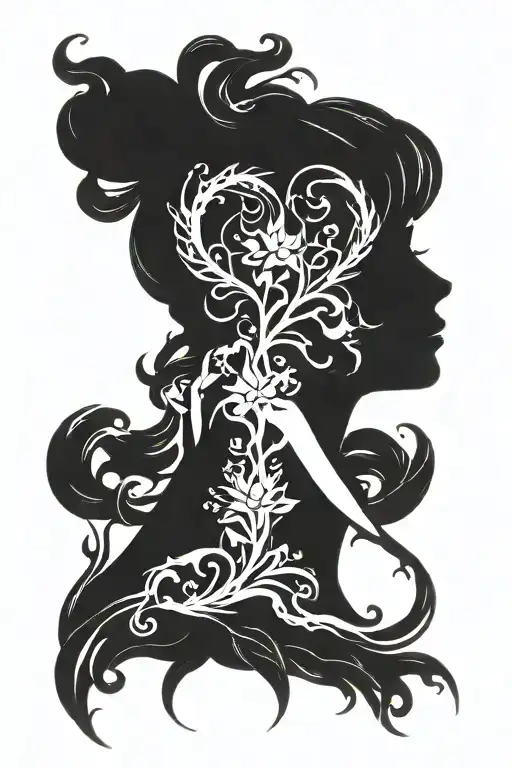 silhouette woman with twin flame symbol in her silhouette mysterious dark tattoo design idea