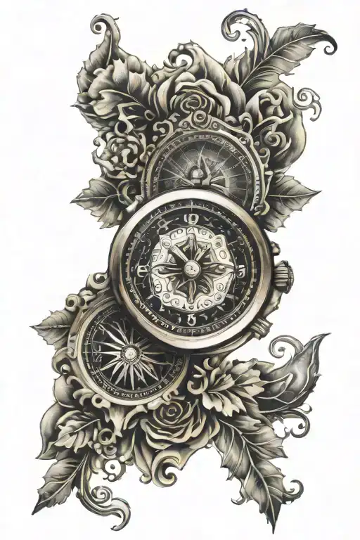 A watch , a compass showing direction,  on watch the sign of mandala ,  and a heart , inside heart " PRERANA" tattoo design idea