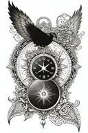 A watch , a compass showing direction,  on watch the sign of mandala ,  and a heart , inside heart " PRERANA - always &F tattoo design idea