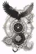 A watch , a compass showing direction,  on watch the sign of mandala ,  and a heart , inside heart " PRERANA - always &F tattoo design idea