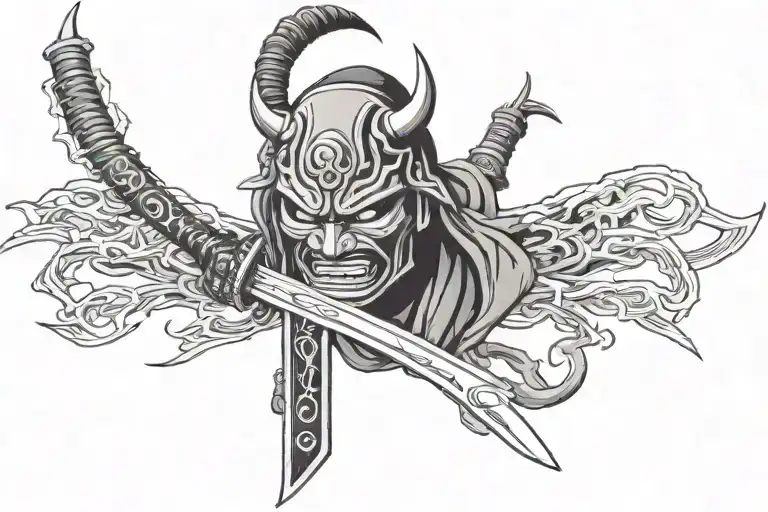 oni mask shinobi unsheathing katana sword tattoo design idea