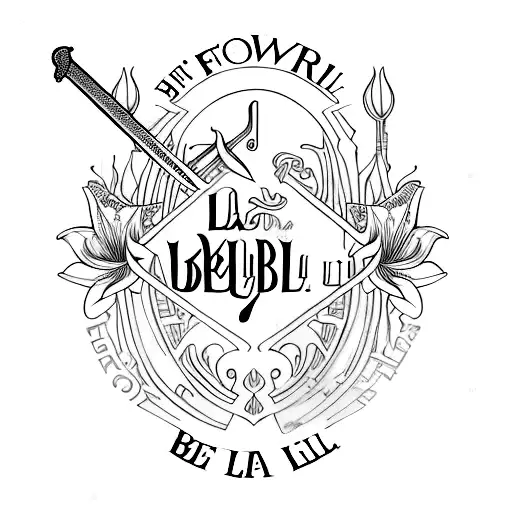 feminine sword with the words "La vie est belle" in cursive in the left side of the sword with lillies gro tattoo design idea