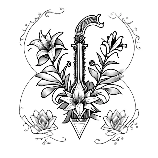 feminine sword tattoo design with the words "La vie est belle" in cursive in the left side of the sword with lillies gro tattoo design idea