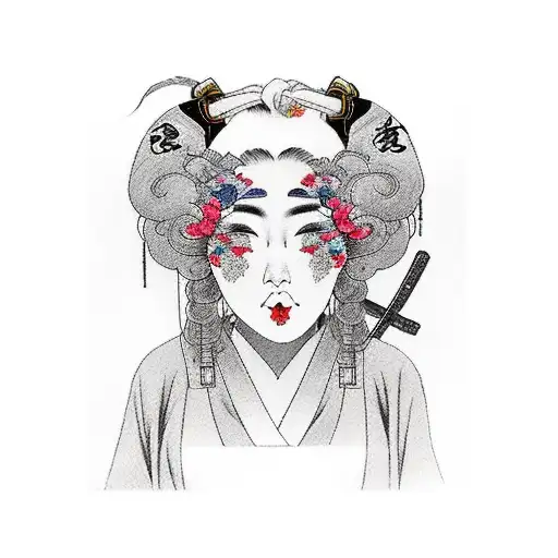 beautiful busty young woman dressed in a low cut kimono holding a katana tattoo design idea