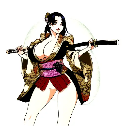 beautiful busty young woman dressed in a low cut kimono holding a katana tattoo design idea