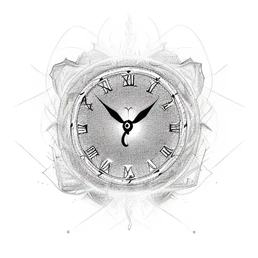 A sketch-style tattoo of a flaming clock melting away, representing the concept of time being consumed by chaos. tattoo design idea