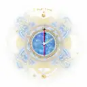 a gold clock with a knitted lens, in the middle of a blue and purple galaxy representing entropy and time tattoo design idea