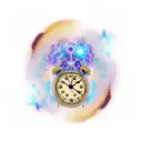 a gold clock with a knitted lens, in the middle of a blue and purple galaxy representing entropy and time tattoo design idea
