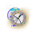a gold clock with a knitted lens, in the middle of a blue and purple galaxy representing entropy and time tattoo design idea