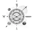A blackwork tattoo of a celestial clock surrounded by swirling galaxies, illustrating the interconnectedness of time and the universe's entropy. tattoo design idea