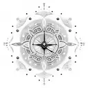 A blackwork tattoo of a celestial clock surrounded by swirling galaxies, illustrating the interconnectedness of time and the universe's entropy. tattoo design idea