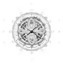 A blackwork tattoo of a celestial clock surrounded by swirling galaxies, illustrating the interconnectedness of time and the universe's entropy. tattoo design idea