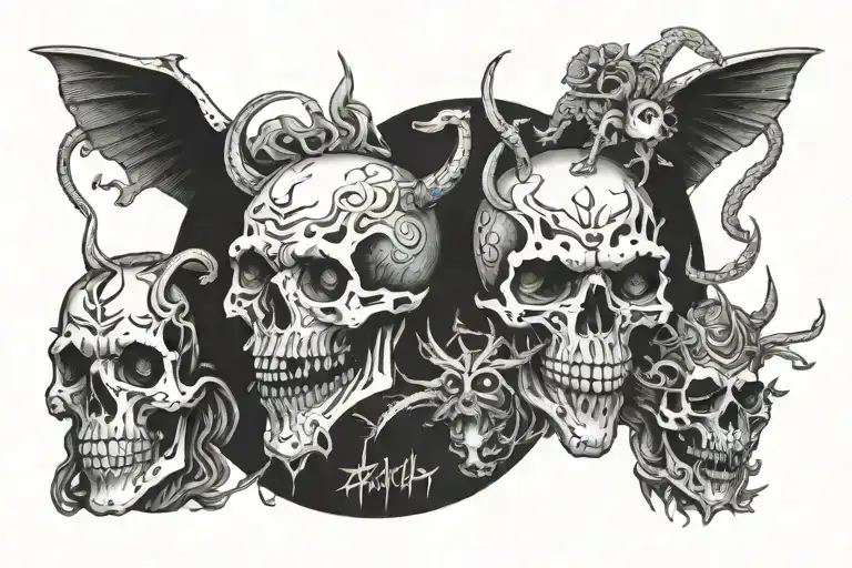 heavy metal with lost lived ones and pest contol incorporated  tattoo design idea
