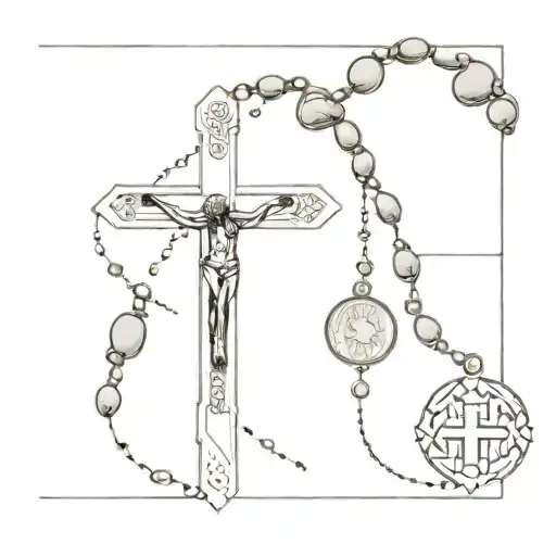 cross and rosary beads tattoo design idea