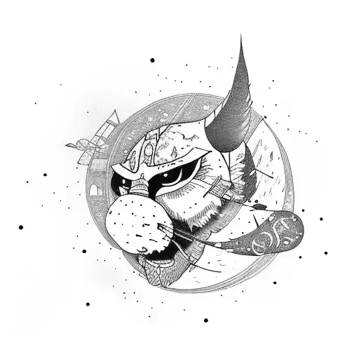 ronin in a moutain whit thwe moon  tattoo design idea