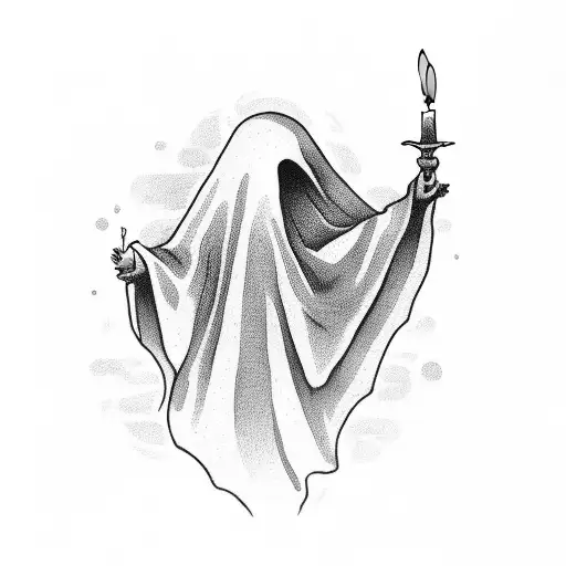 a bed sheet, covering a ghost, holding up a candle with his left hand  tattoo design idea