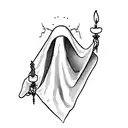 a bed sheet, covering a ghost, holding, with eyes up a candle with his left hand  tattoo design idea