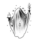 a bed sheet, covering a ghost, holding, with eyes up a candle with his left hand  tattoo design idea