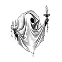 a bed sheet, covering a ghost, holding, with eyes up a candle with his left hand  tattoo design idea