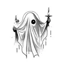 a bed sheet, covering a ghost, holding, with eyes up a candle with his left hand  tattoo design idea