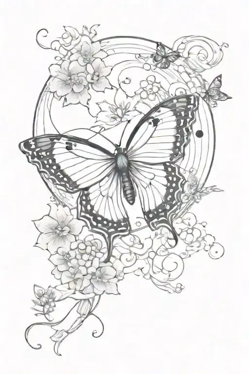 I want a butterfly with a black and white moon that has a Japanese style and fine lines and the moon has to be tattoo design idea