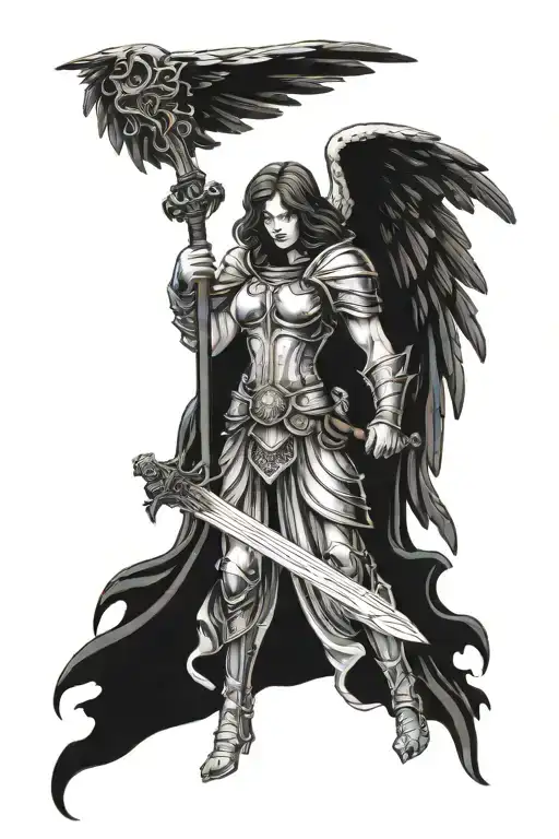 dark angel holding a sword piercing tattoo design idea