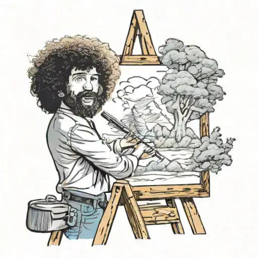 Bob Ross holding an easel and paintbrush  tattoo design idea