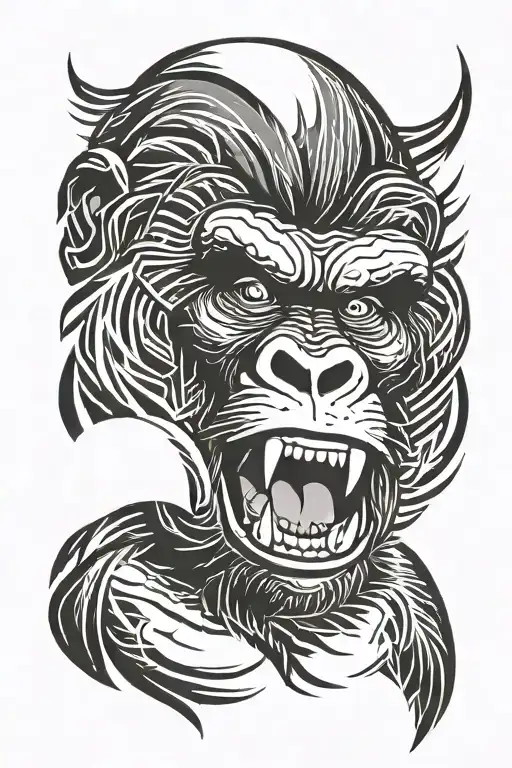 face of raging gorilla with mouth wide open. staring straight. black and grey. shaded tribal tattoo design idea
