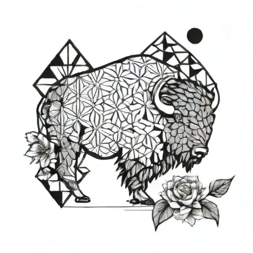 A geometric design incorporating elements of nature and sacred geometry, with a focus on the flower of life and a bison tattoo design idea