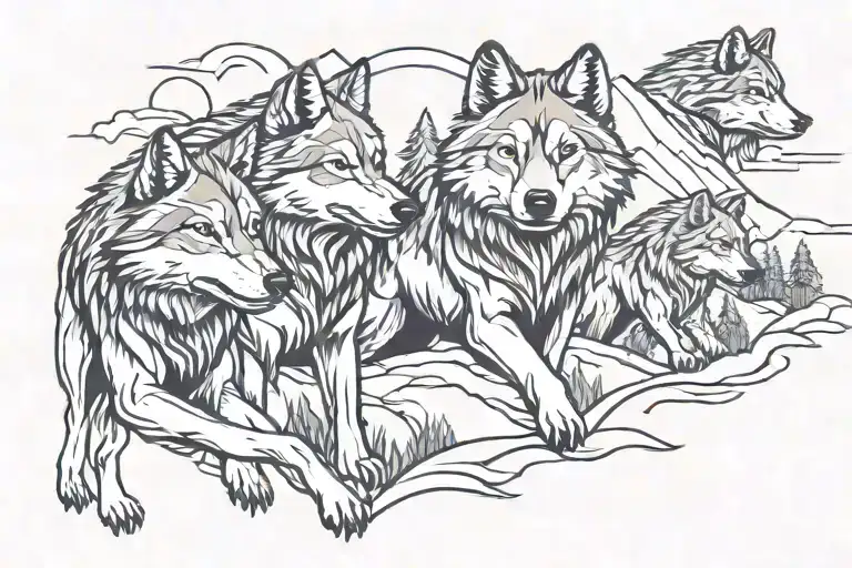 wolf pack in mountains  tattoo design idea