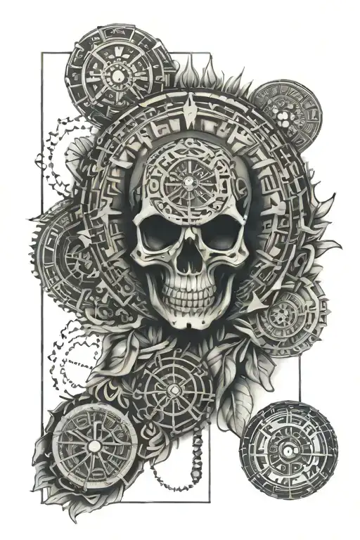 forearm half sleeve with rosary and aztec calendar with skull tattoo design idea