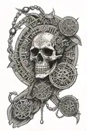 forearm half sleeve with rosary and aztec calendar with skull tattoo design idea