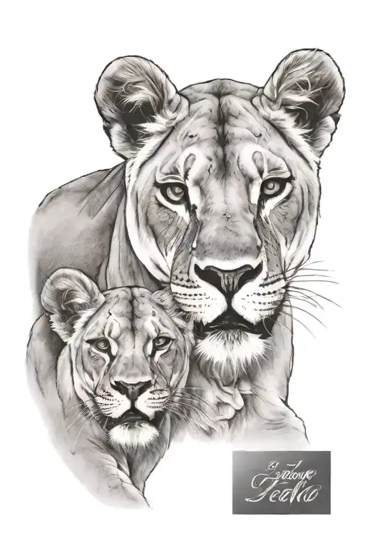 Lioness with her cub, first name Télio, date of birth August 18, 2024 tattoo design idea