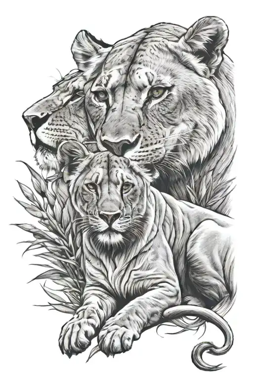 Lioness with her cub, first name Télio with the date of birth August 18, 2024 tattoo design idea