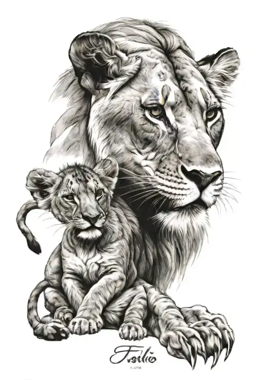 Lioness with her cub, first name Télio, date of birth August 18, 2024 tattoo design idea