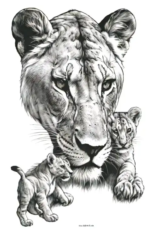 Lioness with her cub, first name Télio, date of birth August eighteenth two thousand twenty four, an arrow separates them tattoo design idea