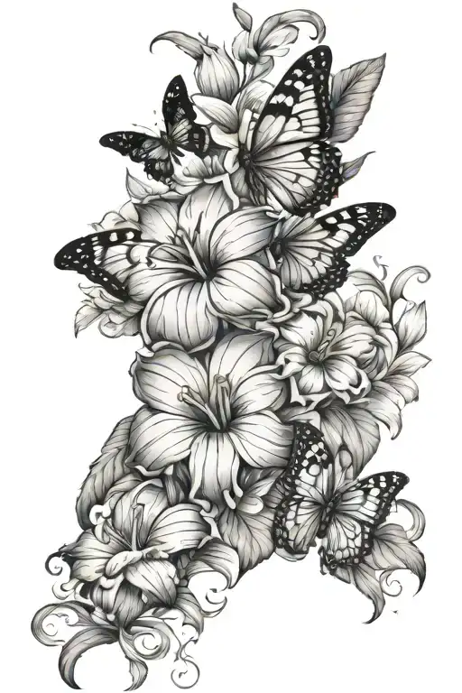 morning glory and aster flowers with narcissus flowers and two butterflies intertwined  tattoo design idea
