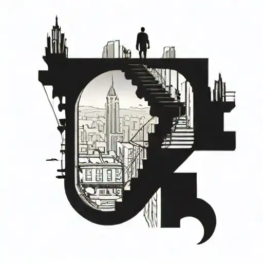 A futuristic cityscape with a man climbing endless stairs towards the sky, symbolizing ambition and progress tattoo design idea