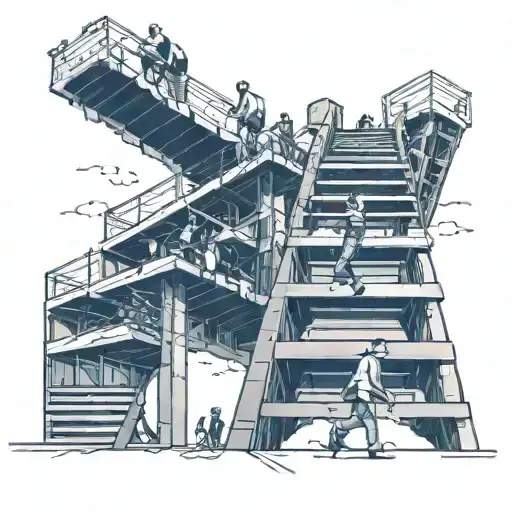 A futuristic cityscape with a man climbing endless stairs towards the sky, symbolizing ambition and progress tattoo design idea