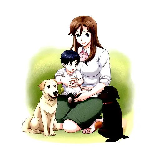 family  two brothers the mother and a pet labrador dog tattoo design idea