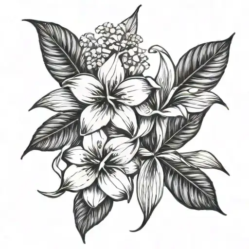 lei flowers and ti leafs with Leilani written cursive  tattoo design idea
